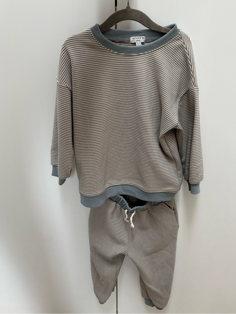 Maison Me Baby Blue cream Striped baby boy barrel baggy Pants sweatshirt 2pc set